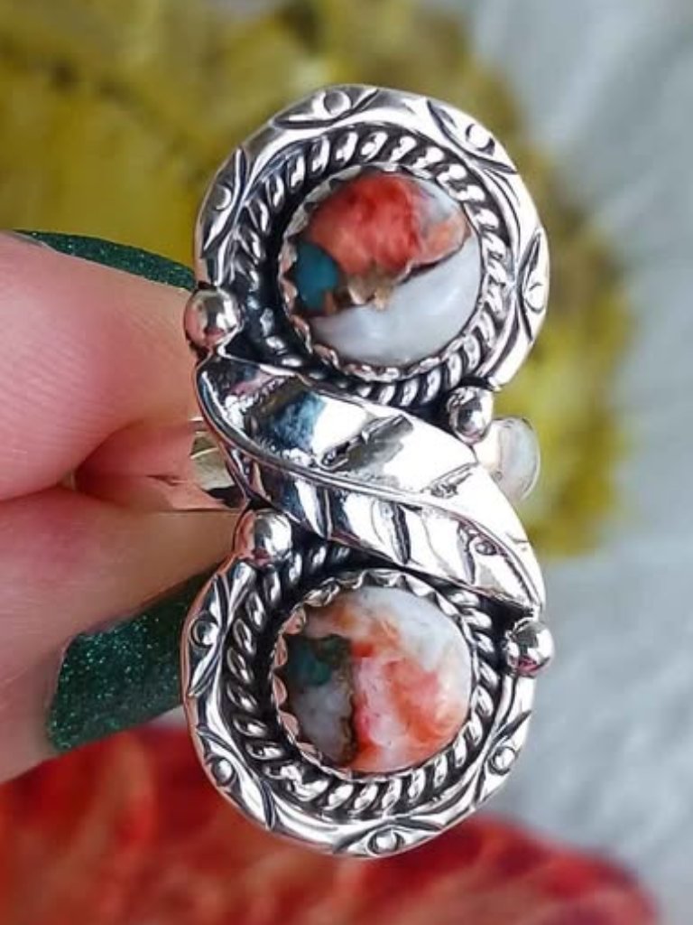6 Spiny Oyster Turquoise 925 Sterling Silver Ring Double Stone Southwestern New